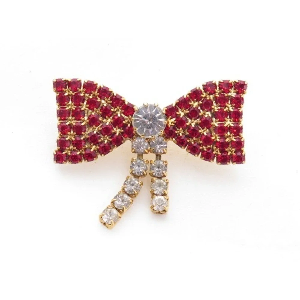 Vintage‎ Red Rhinestone Gold Bow Pin